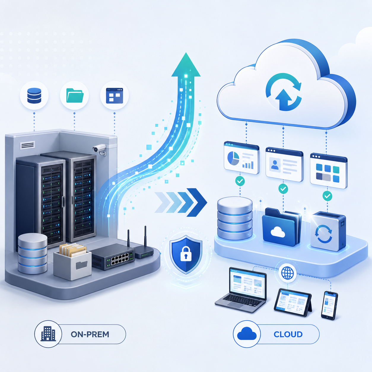 On-premises servers and files migrating to connected cloud systems