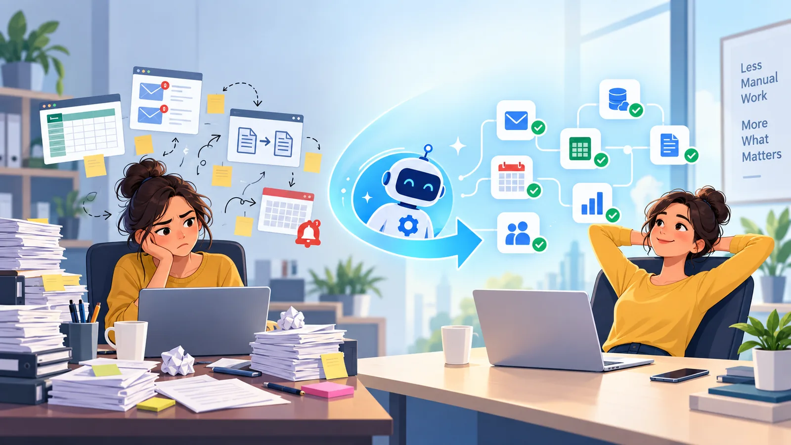 Cartoon illustration showing a business moving from repetitive manual tasks and paperwork to streamlined automated workflows with connected digital tools.