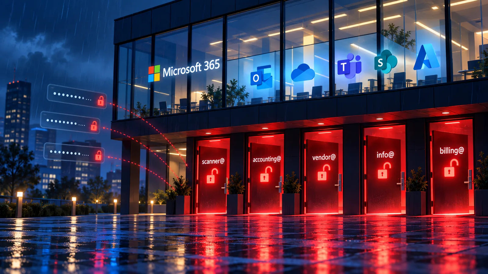 Cartoon-style illustration of a Microsoft 365 office building with red doors labeled scanner, accounting, vendor, info, and billing, symbolizing unmanaged service accounts exposed to password-spraying attacks.