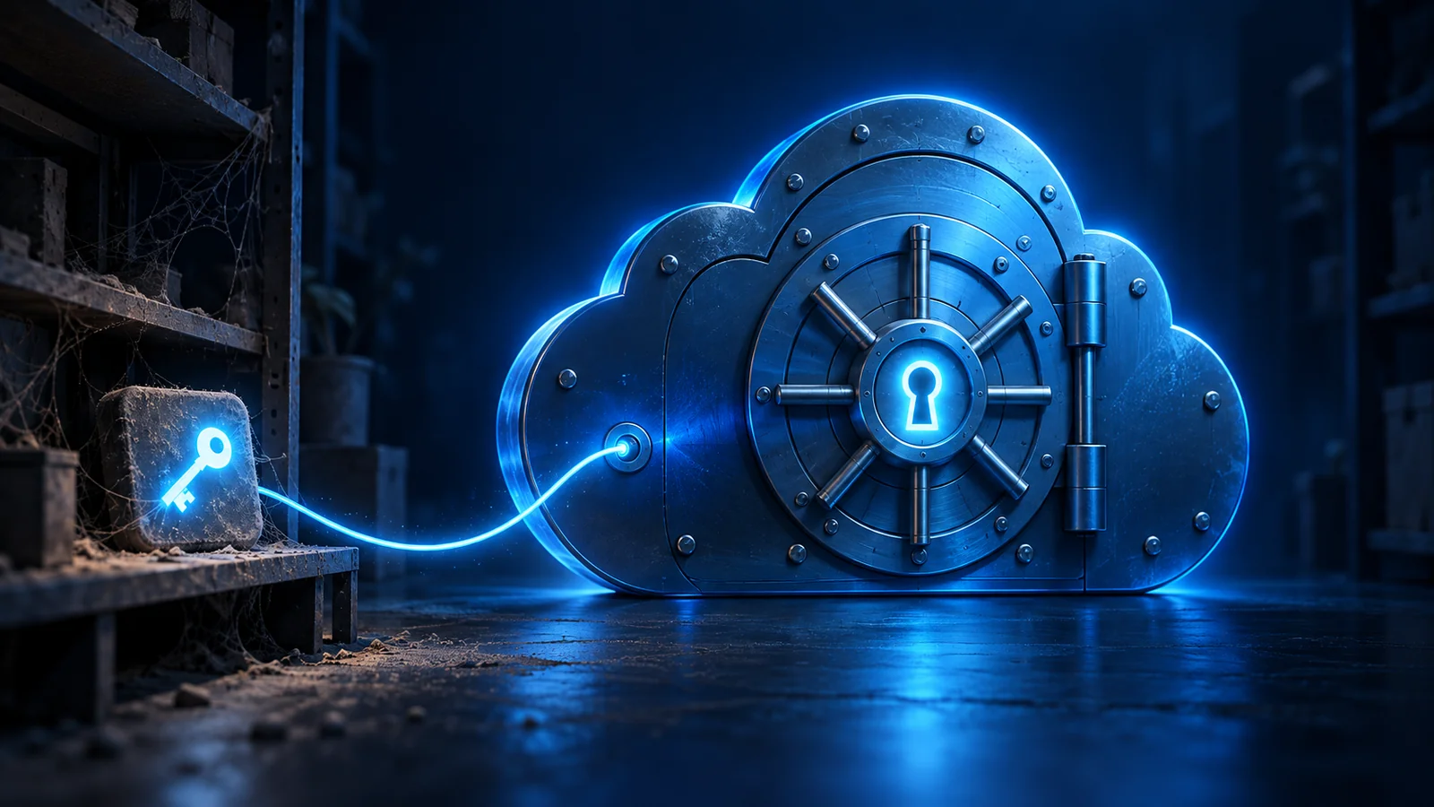 A dusty, cobweb-covered app tile with a glowing key icon sits on an old shelf, still connected by a glowing blue cable to a large cloud-shaped vault door.