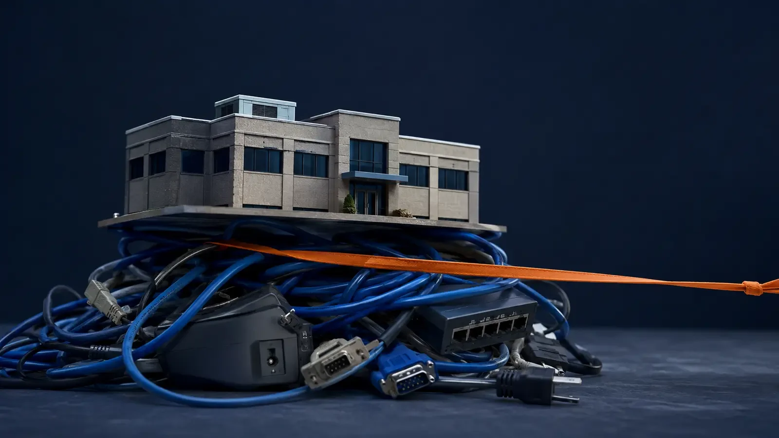 Office building perched on a tangled nest of cables and networking equipment